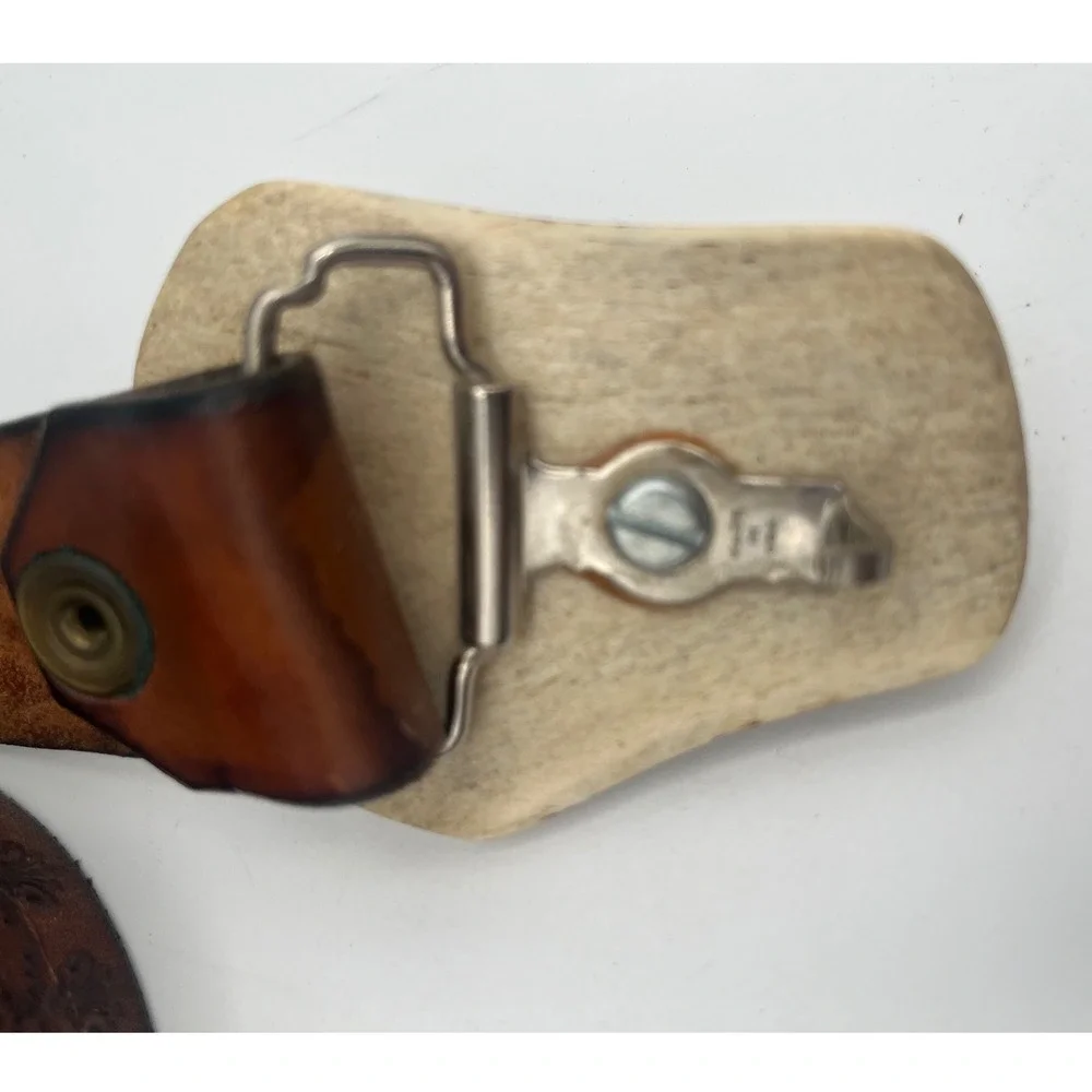 Vtg Antler Burr Belt Buckle 3D pewter Bighorn Ram Tooled Leather Belt Americana